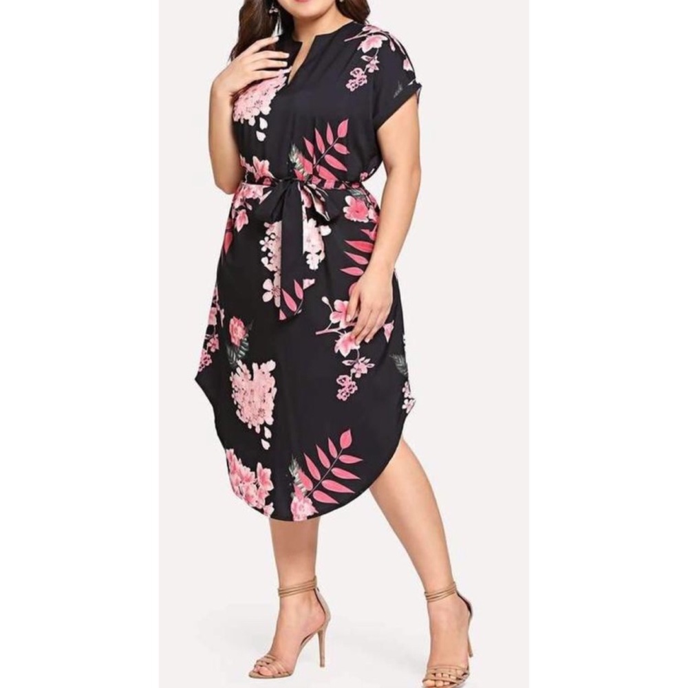 PLUS SIZE SELF TIE WAIST CURVED HEM DRESS